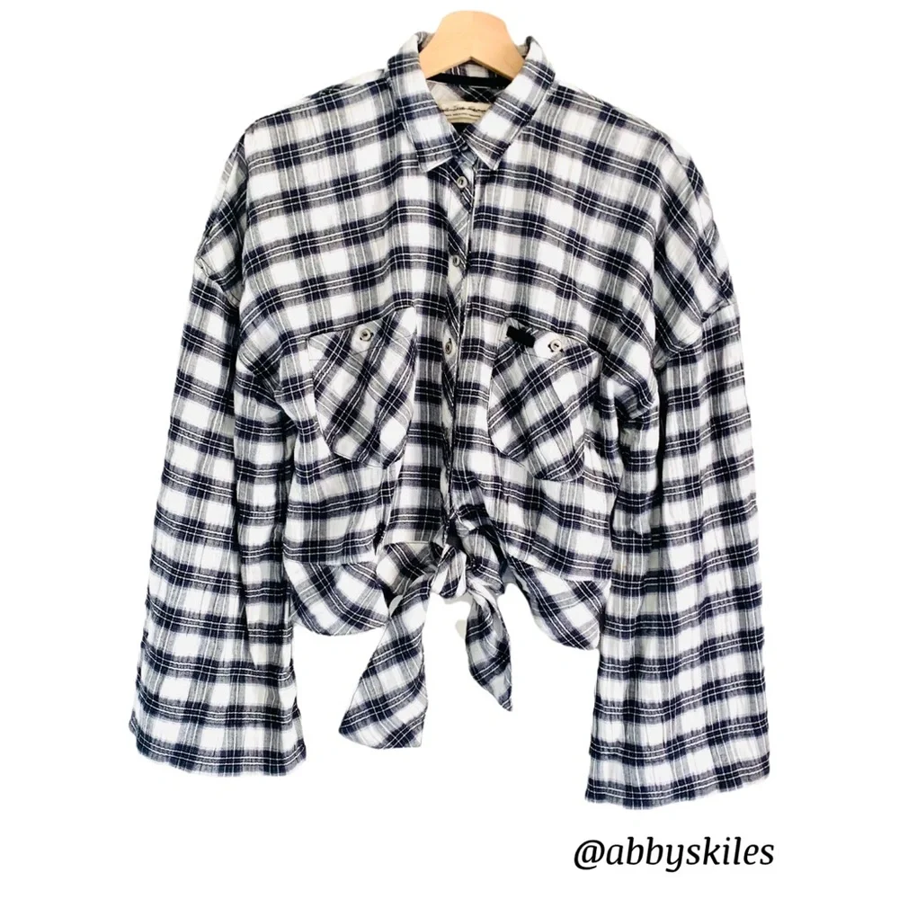 Free People First Bloom Tie Front Plaid Button-Down Top Small Blue Gray Gingham